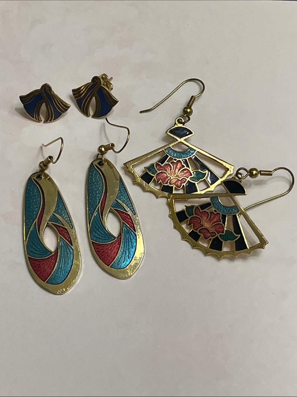 Bundle of Gold-Tone Cloisonné Enamel Fan Drop Earrings - Women's Jewelry